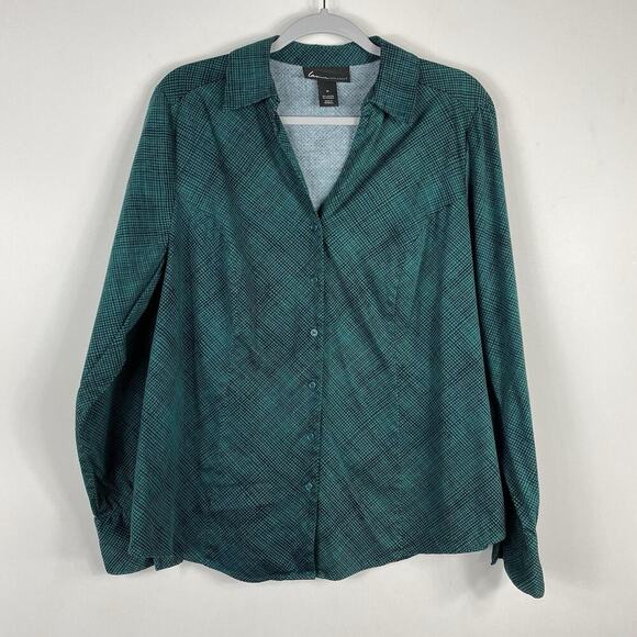 Lane Bryant Plus Size 16 Printed Long Sleeve Button Shirt Green Cotton Blend - Picture 1 of 5